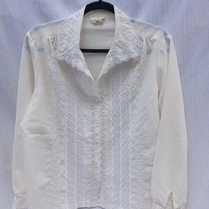 70's Bridal Eyelet Lace Embroidered Textured Cottage Vintage Hippie Top Size L